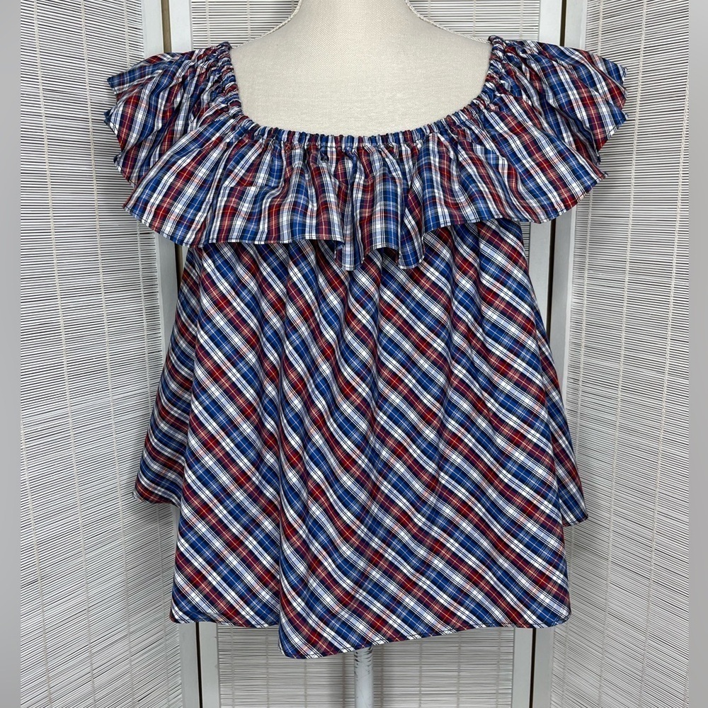 Petersyn Roxie Off Shoulder Plaid Ruffle Cotton Top Red Blue White XS